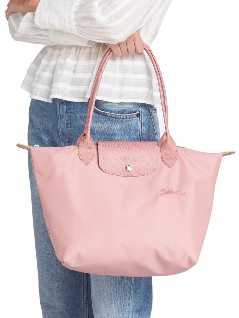 NWT longchamp large le pliage tote bag in petal with green trim